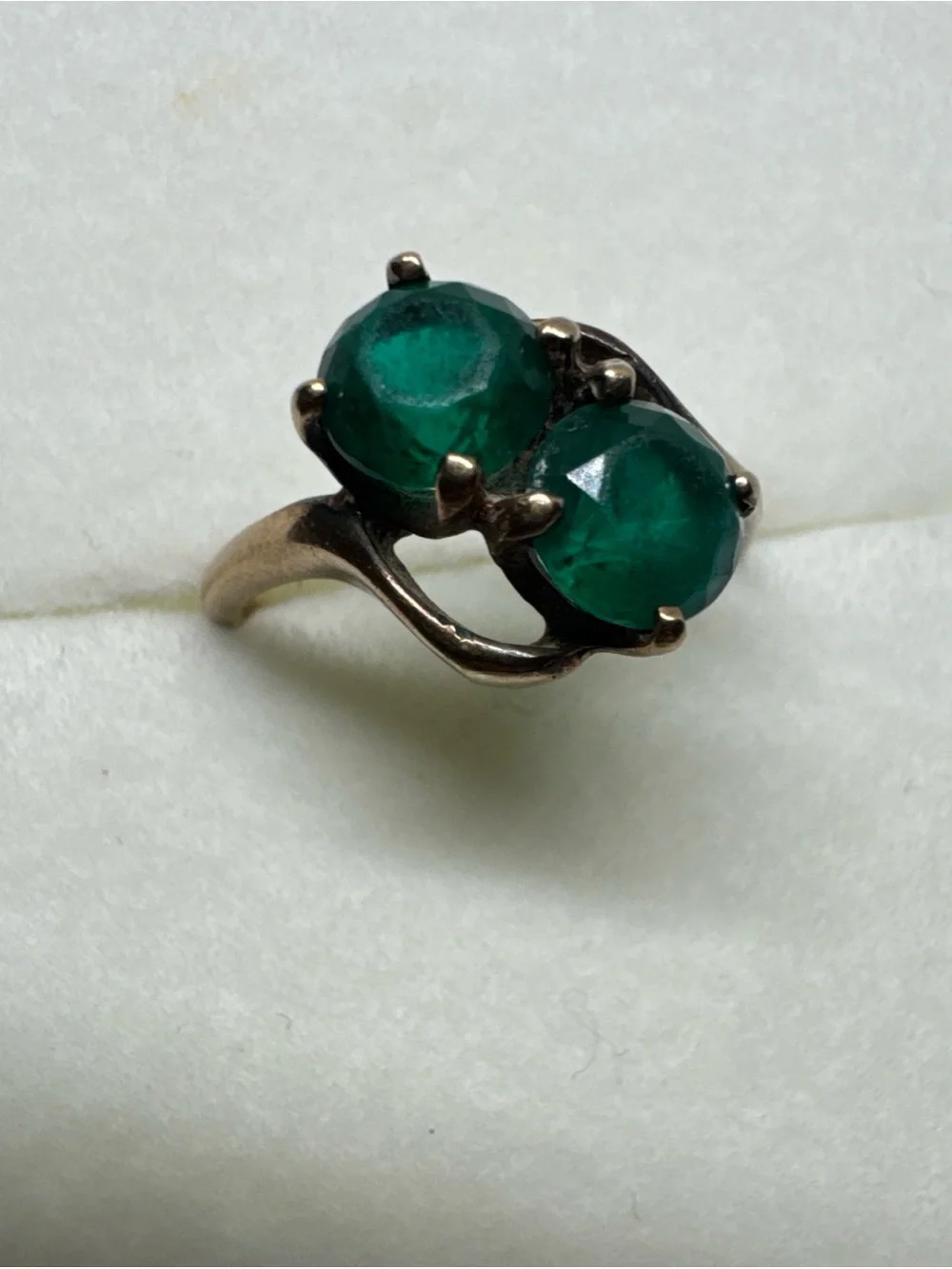 Vintage 10K Yellow Gold Green Paste Two Round Stones Size 7 Ring 2.2g Antique